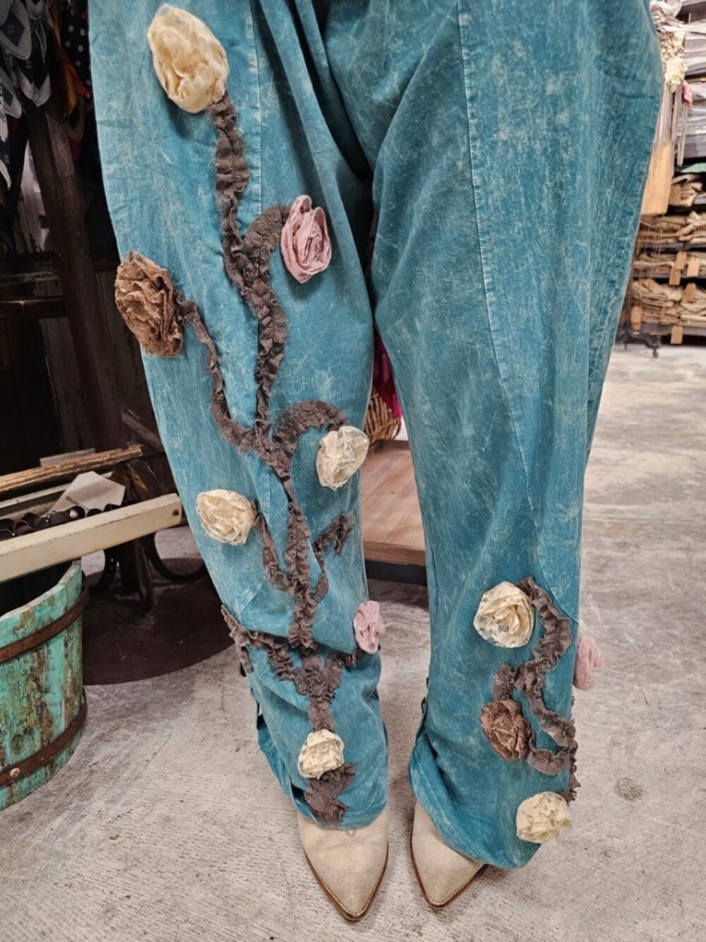 A Rare Bird Mineral Wash Stretchy Waist Floral Appliqué Wide leg Pants
